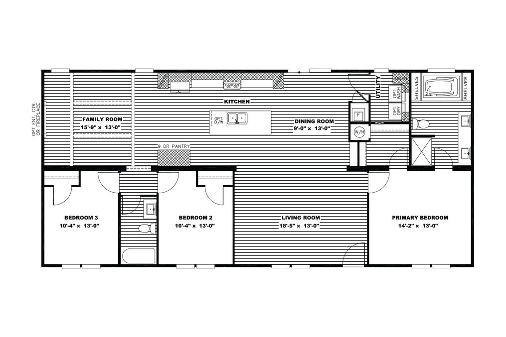 The BOUJEE Floor Plan. This Manufactured Mobile Home features 3 bedrooms and 2 baths.
