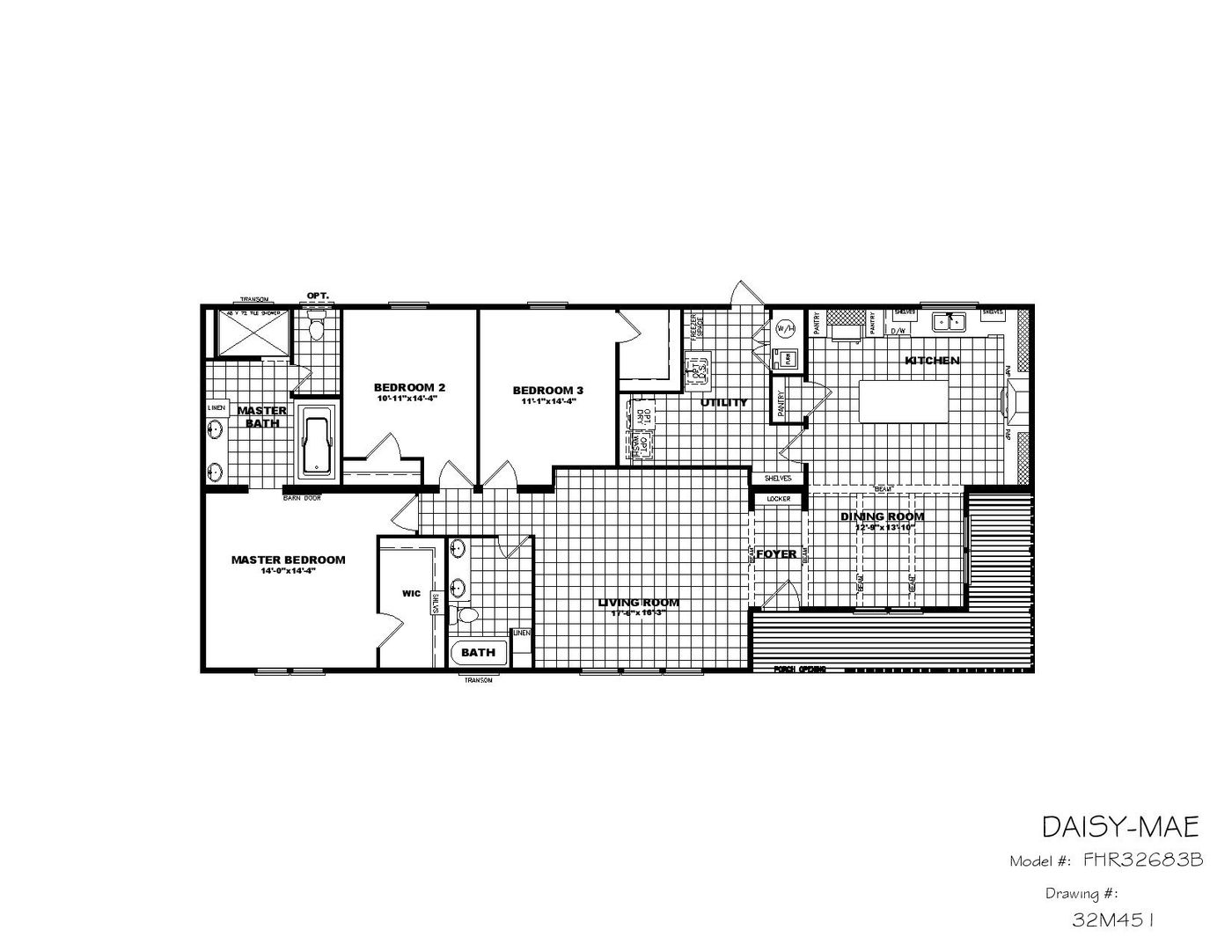 The THE DAISY-MAE Floor Plan. This Manufactured Mobile Home features 3 bedrooms and 2 baths.