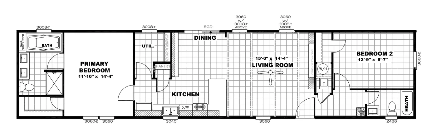 The ANNIVERSARY 16682A Floor Plan. This Manufactured Mobile Home features 2 bedrooms and 2 baths.
