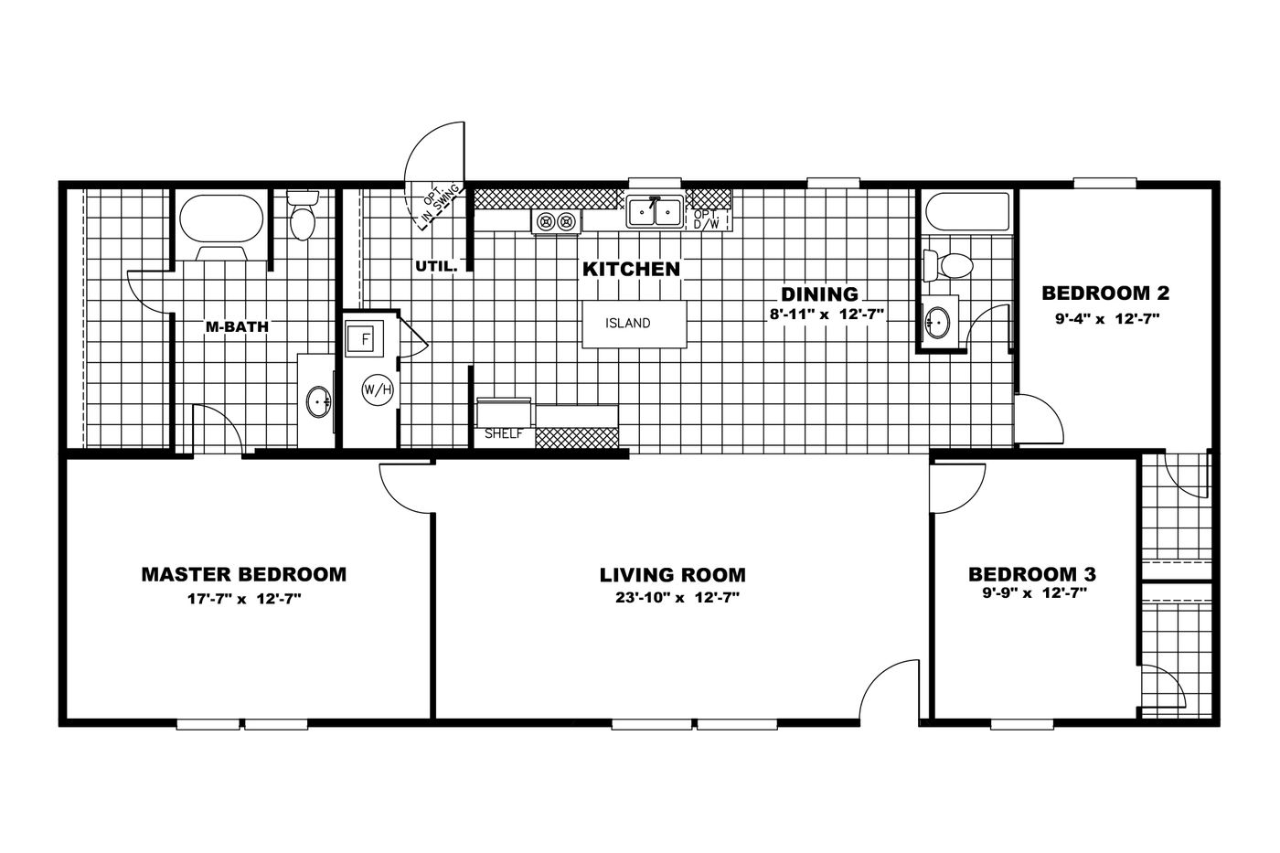 The THRILL Floor Plan. This Manufactured Mobile Home features 3 bedrooms and 2 baths.