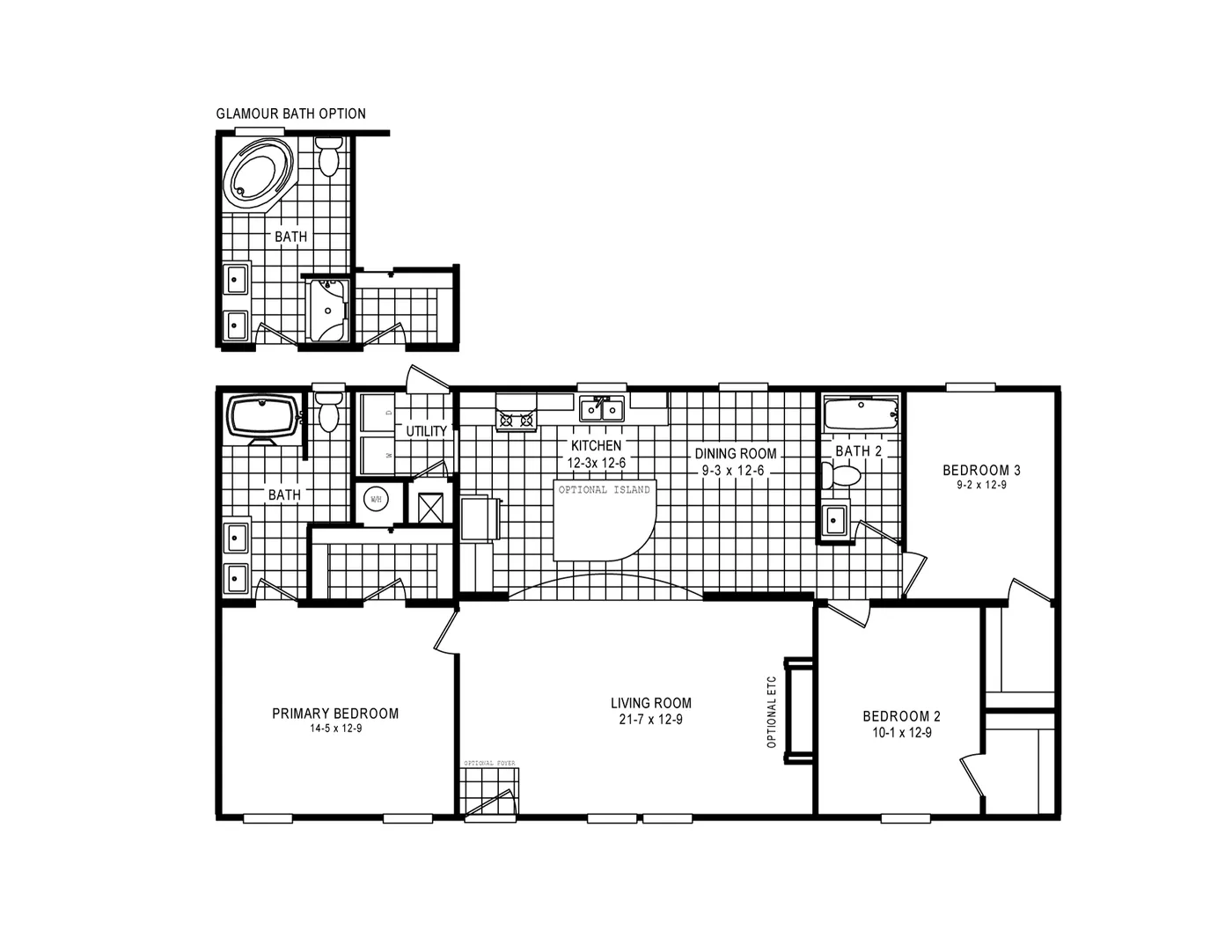 The 4603 ROCKETEER 3 5228 Floor Plan. This Manufactured Mobile Home features 3 bedrooms and 2 baths.