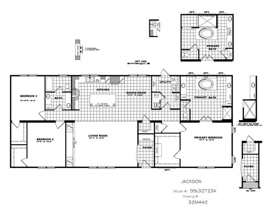 The THE JACKSON Floor Plan. This Manufactured Mobile Home features 3 bedrooms and 2 baths.