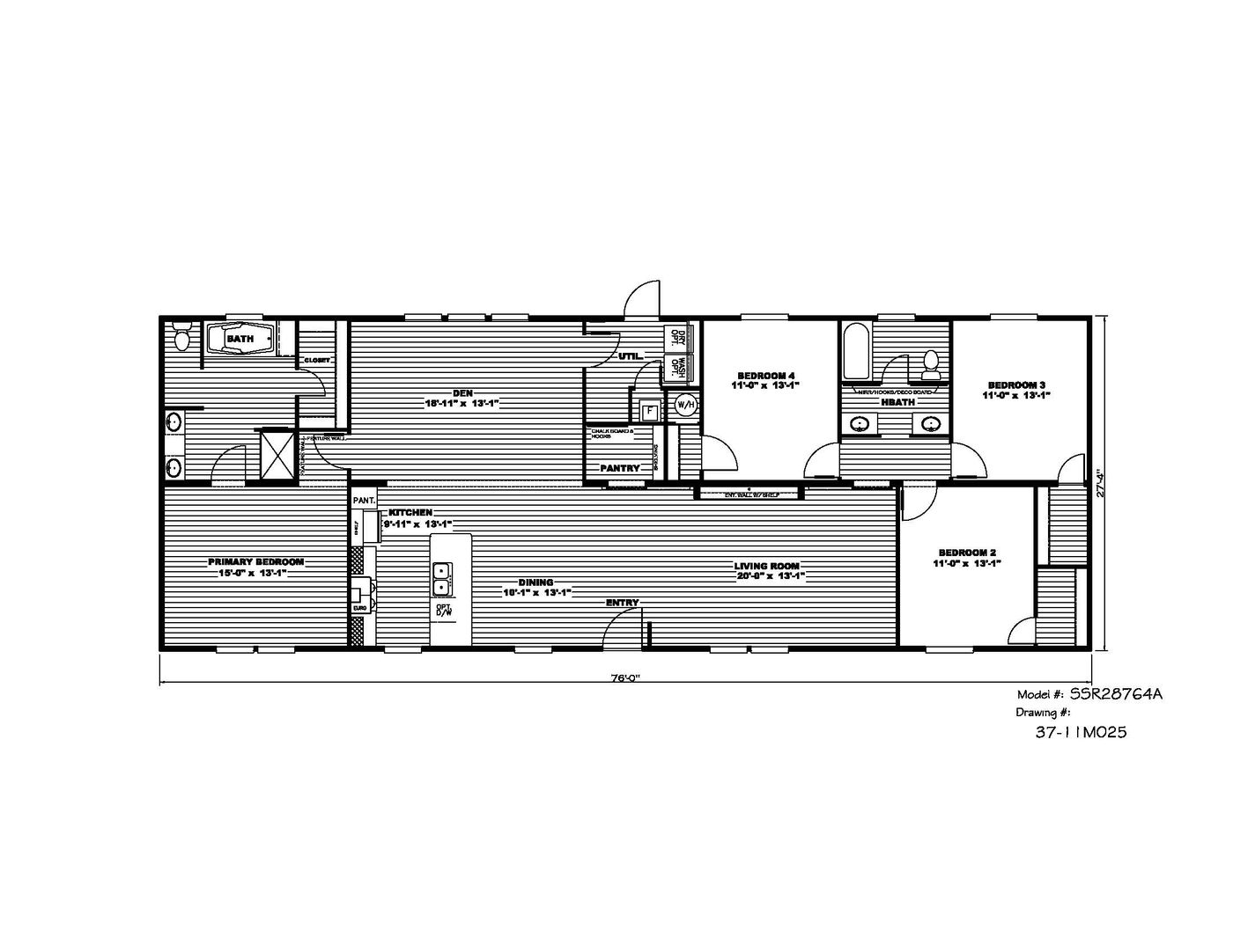 The THE BREEZE Floor Plan. This Manufactured Mobile Home features 4 bedrooms and 2 baths.