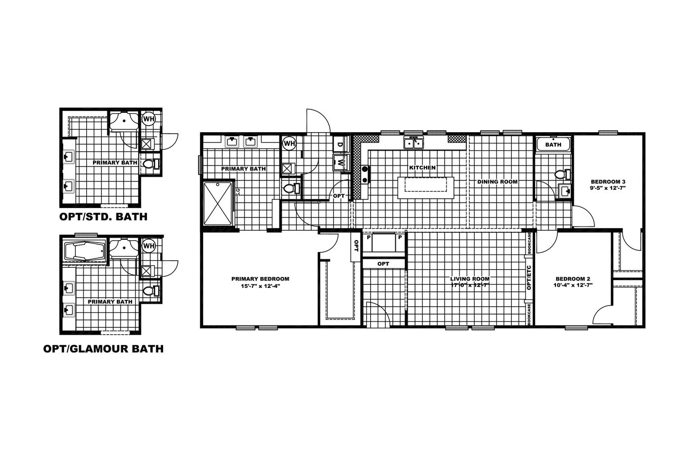 The REVOLUTION 60 Floor Plan. This Manufactured Mobile Home features 3 bedrooms and 2 baths.