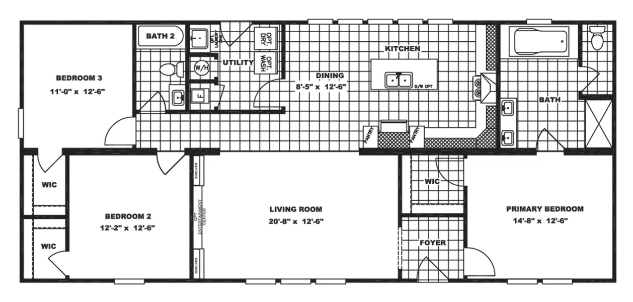 The CLASSIC 60B Floor Plan. This Modular Home features 3 bedrooms and 2 baths.