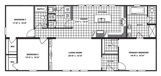 The CLASSIC 60B Floor Plan. This Modular Home features 3 bedrooms and 2 baths.