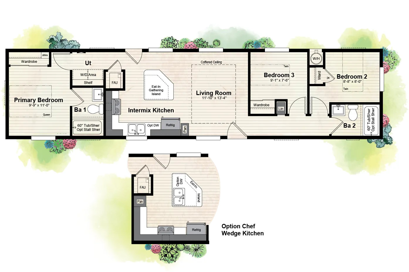 The GPII 1460-3B ENCANTO Floor Plan. This Manufactured Mobile Home features 3 bedrooms and 2 baths.