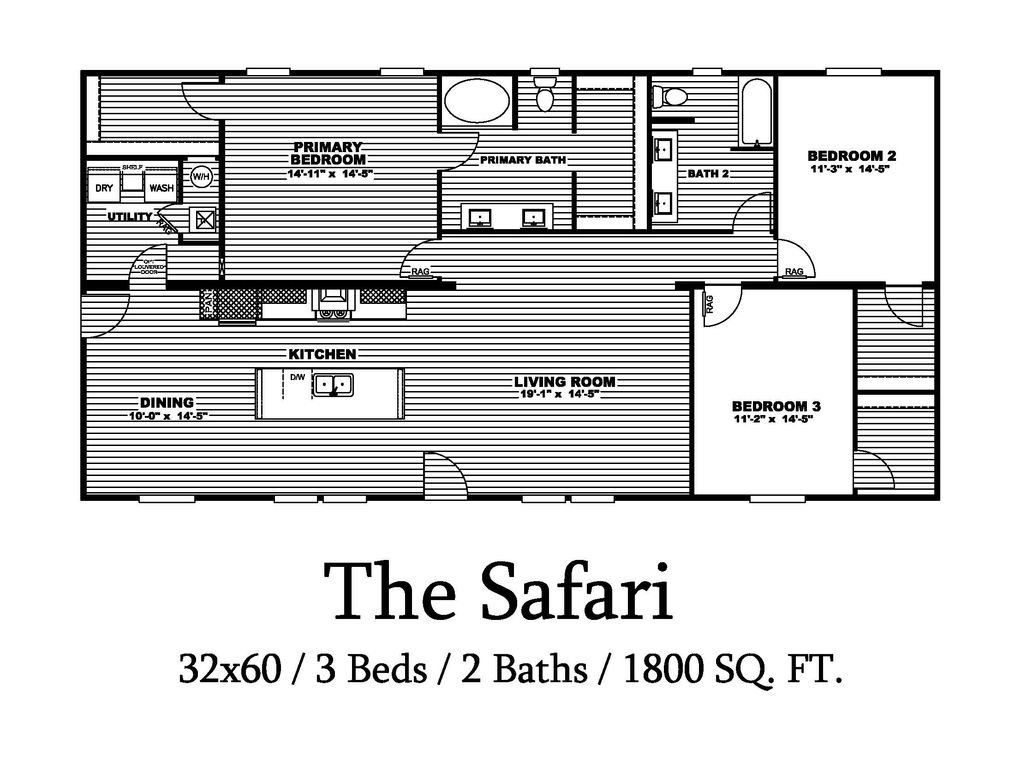 The SAFARI Floor Plan. This Manufactured Mobile Home features 3 bedrooms and 2 baths.
