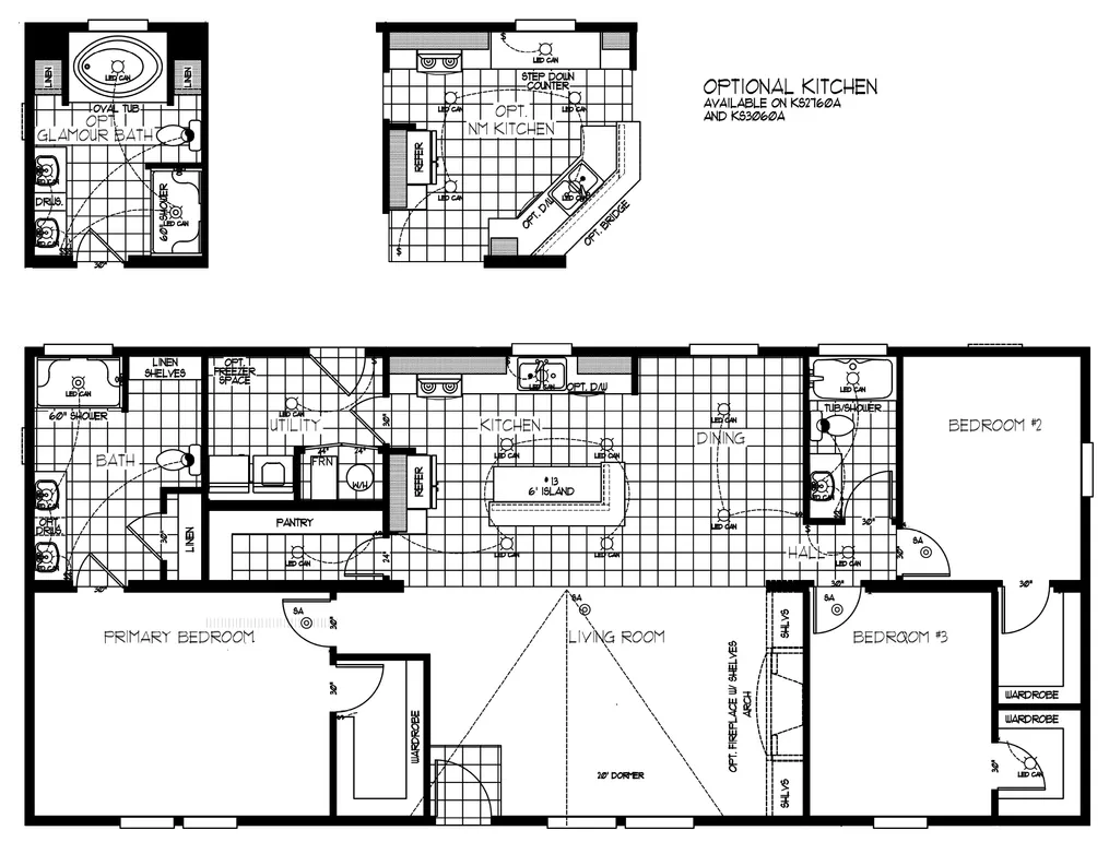 The K2760A Floor Plan. This Manufactured Mobile Home features 3 bedrooms and 2 baths.