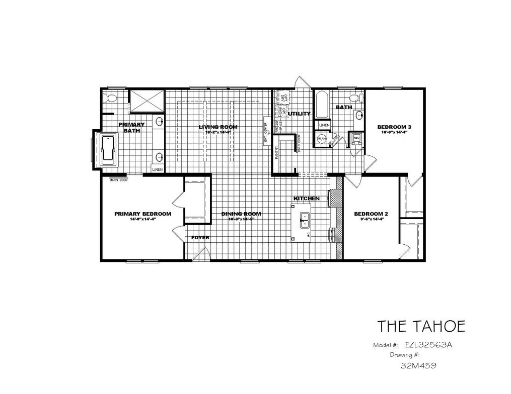 The THE TAHOE Floor Plan. This Manufactured Mobile Home features 3 bedrooms and 2 baths.