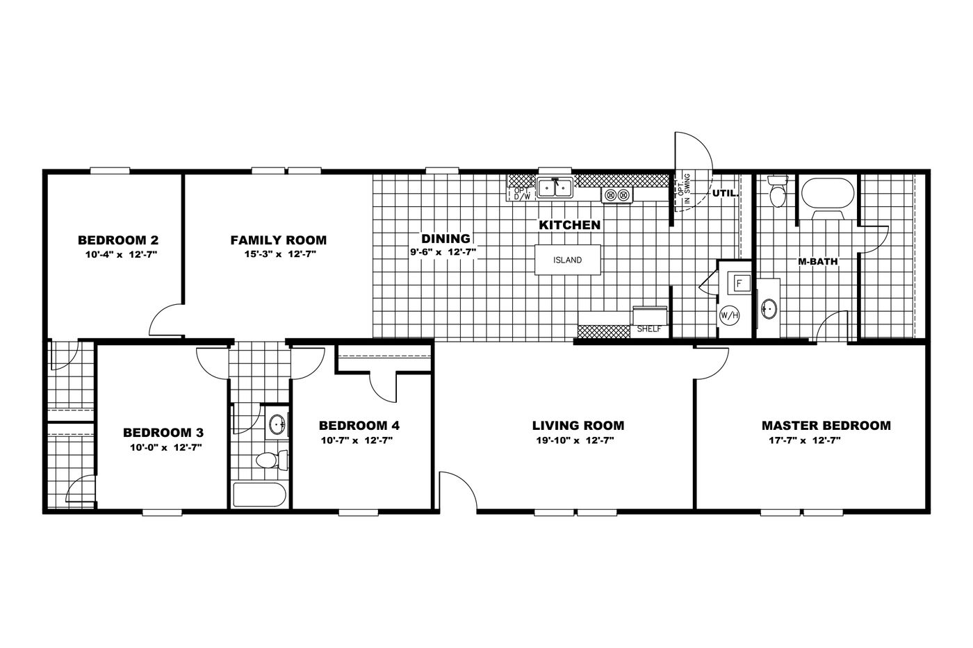 The PRIDE Floor Plan. This Manufactured Mobile Home features 4 bedrooms and 2 baths.