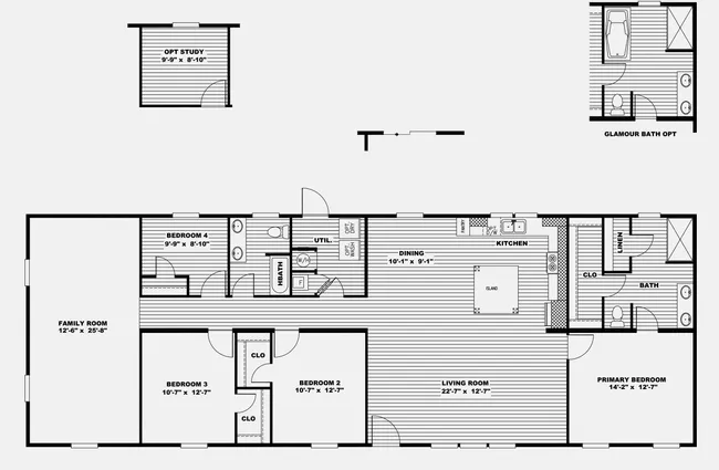 The ULTRA BREEZE 76 Floor Plan. This Manufactured Mobile Home features 4 bedrooms and 2 baths.