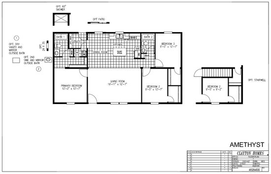 The AMETHYST Floor Plan. This Manufactured Mobile Home features 3 bedrooms and 2 baths.