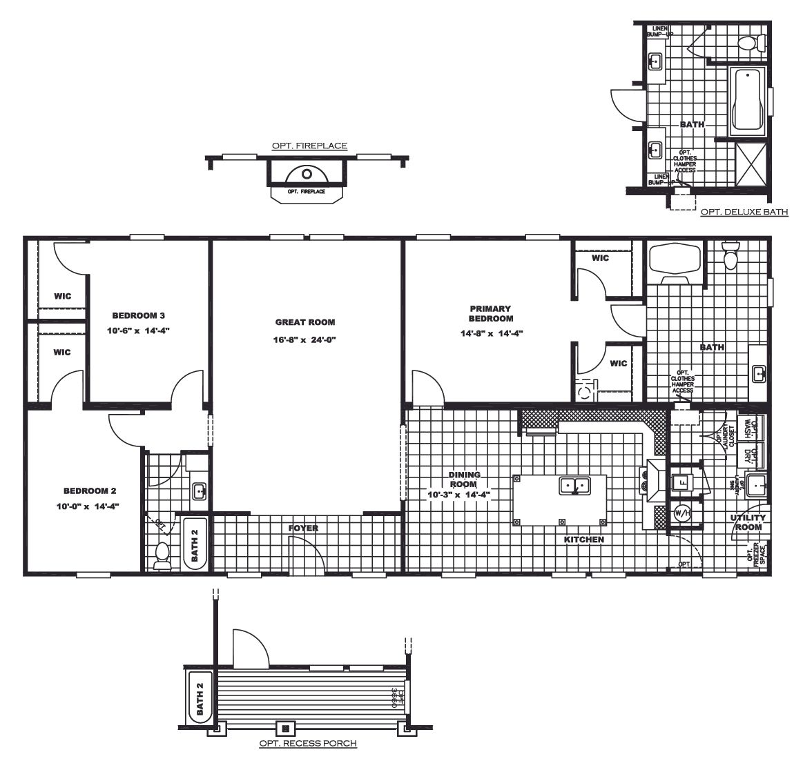 The FRONTIER Floor Plan. This Manufactured Mobile Home features 3 bedrooms and 2 baths.