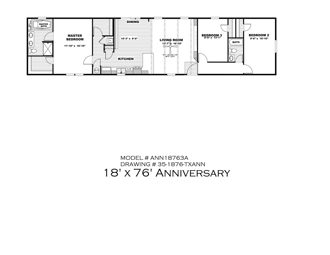 The THE ANNIVERSARY 18 Floor Plan. This Manufactured Mobile Home features 3 bedrooms and 2 baths.
