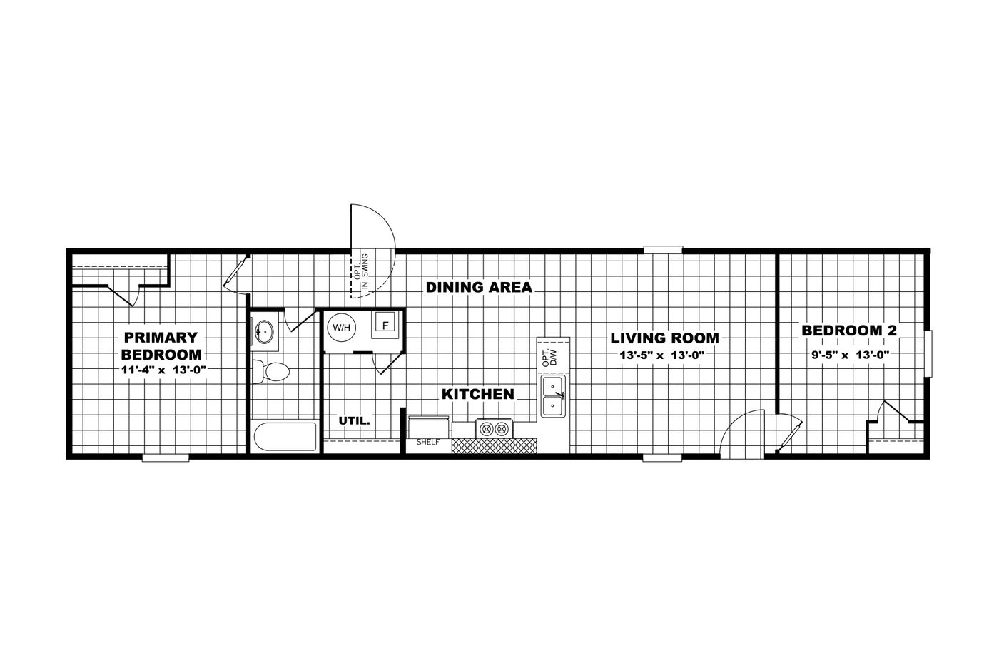 The BLISS Floor Plan. This Manufactured Mobile Home features 2 bedrooms and 1 bath.