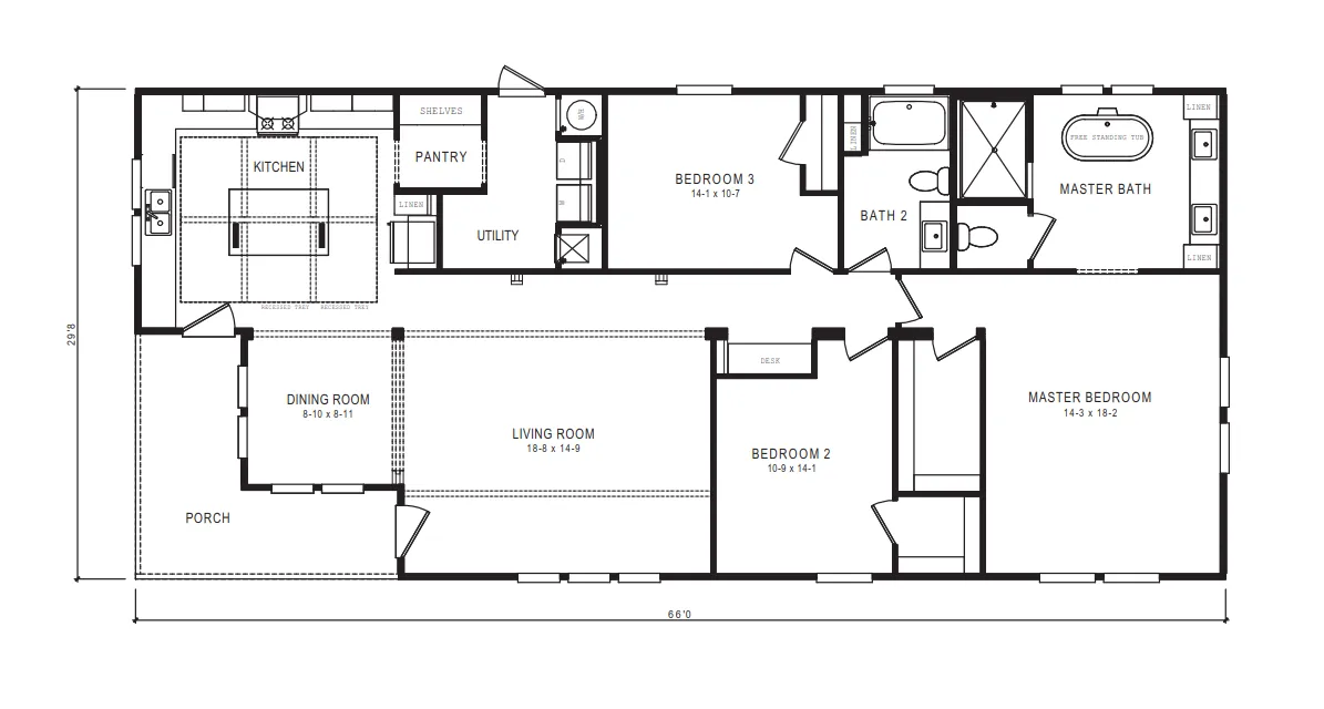 The 1434 CAROLINA "SOUTHERN BELLE" Floor Plan. This Manufactured Mobile Home features 3 bedrooms and 2 baths.