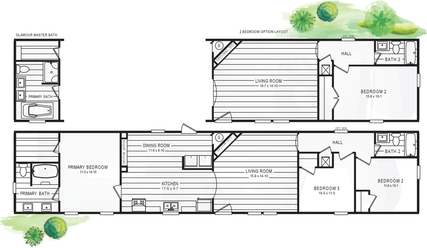 The 103  ELITE PLUS 7616 Floor Plan. This Manufactured Mobile Home features 3 bedrooms and 2 baths.