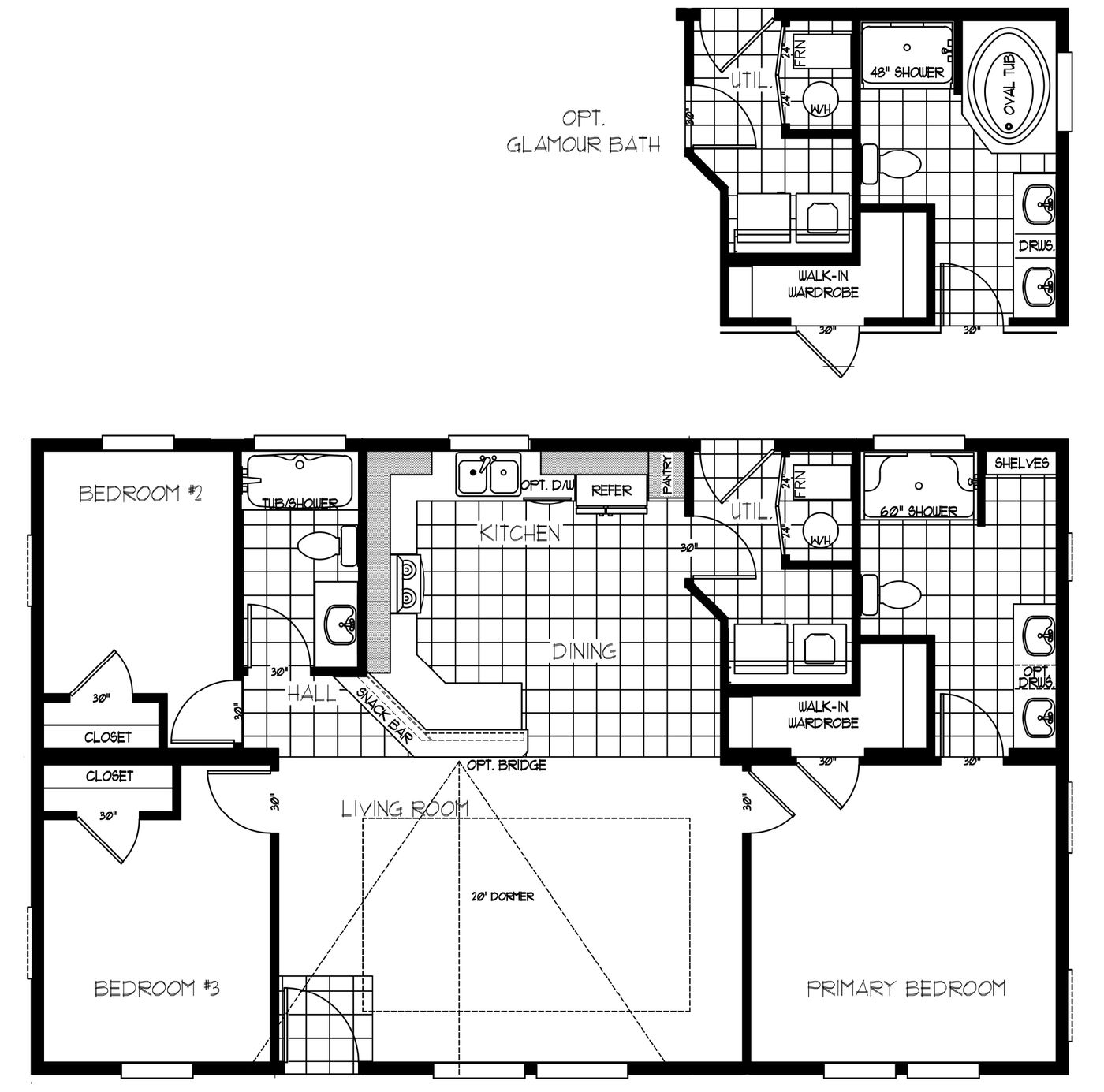 The K2744A Floor Plan. This Manufactured Mobile Home features 3 bedrooms and 2 baths.