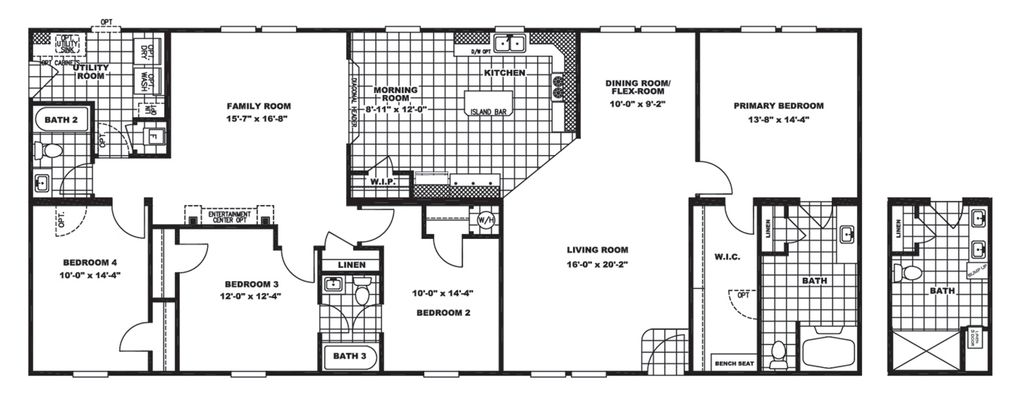 The BROOKLINE FLEX 32 WIDE Floor Plan. This Manufactured Mobile Home features 4 bedrooms and 2 baths.