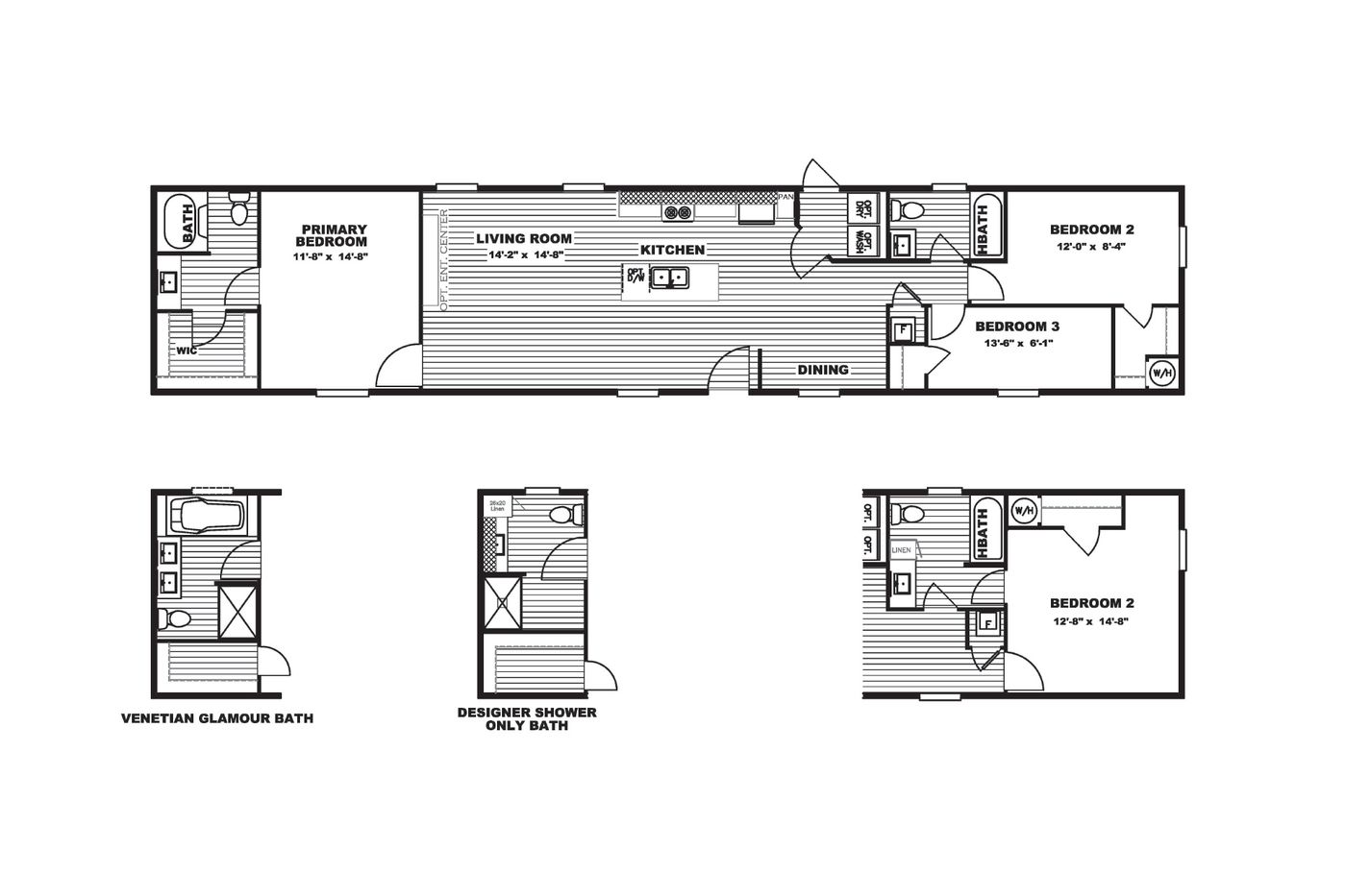 The BLAZER 76 E Floor Plan. This Manufactured Mobile Home features 3 bedrooms and 2 baths.