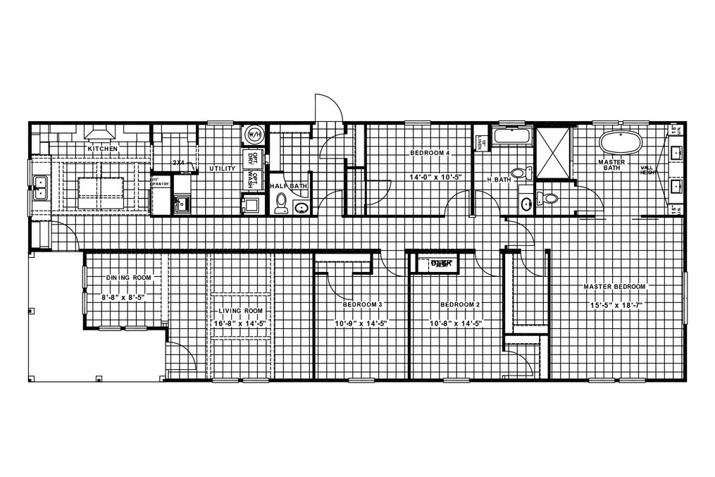 The SOUTHERN CHARM 4 BR Floor Plan. This Manufactured Mobile Home features 4 bedrooms and 2 baths.