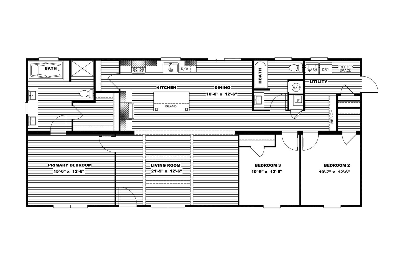The FARMHOUSE 3 Floor Plan. This Manufactured Mobile Home features 3 bedrooms and 2 baths.