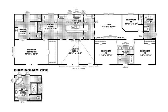 The THE STOCKTON Floor Plan. This Manufactured Mobile Home features 4 bedrooms and 3 baths.