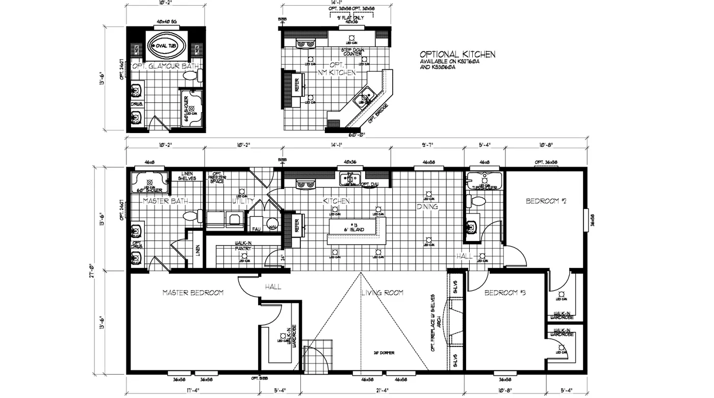 The K2760A Floor Plan. This Manufactured Mobile Home features 3 bedrooms and 2 baths.