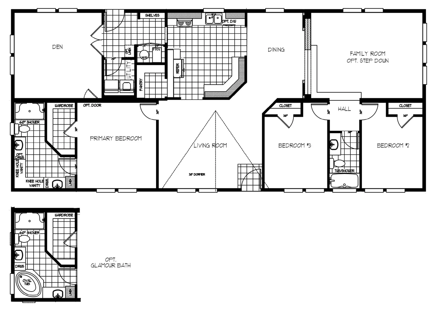 The K3068C Floor Plan. This Manufactured Mobile Home features 3 bedrooms and 2 baths.