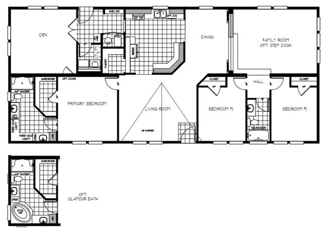 The K3068C Floor Plan. This Manufactured Mobile Home features 3 bedrooms and 2 baths.