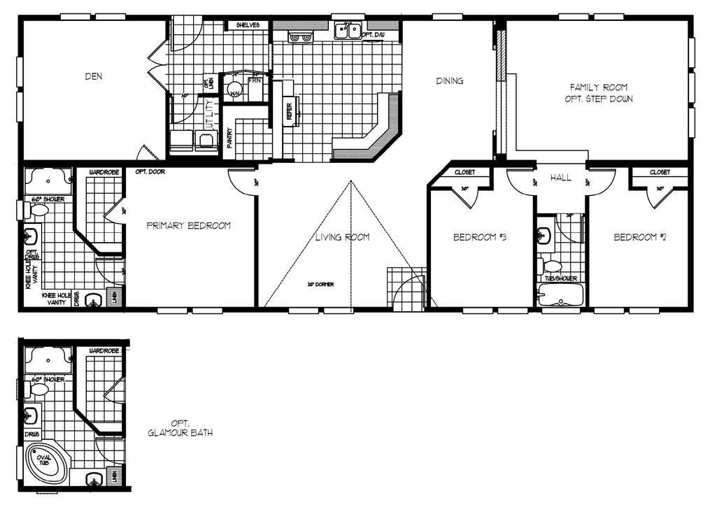 The K3068C Floor Plan. This Manufactured Mobile Home features 3 bedrooms and 2 baths.