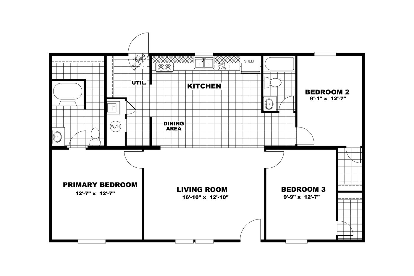 The EXCITEMENT Floor Plan. This Manufactured Mobile Home features 3 bedrooms and 2 baths.