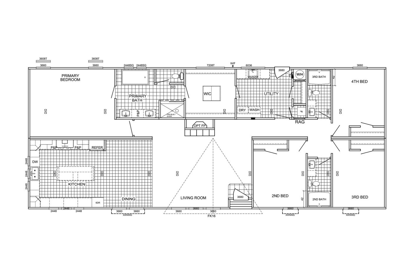The THE HUXTON Floor Plan. This Manufactured Mobile Home features 4 bedrooms and 3 baths.