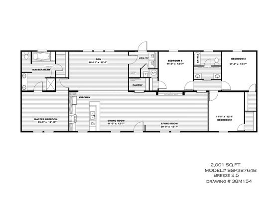 The THE BREEZE 2.5 Floor Plan. This Manufactured Mobile Home features 4 bedrooms and 2 baths.