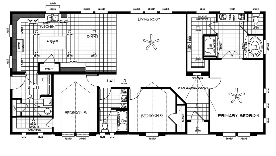 The TRANQUILITY TR3062A Floor Plan. This Manufactured Mobile Home features 3 bedrooms and 2 baths.