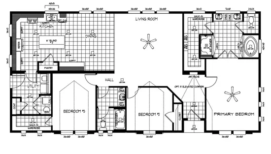 The TRANQUILITY TR3062A Floor Plan. This Manufactured Mobile Home features 3 bedrooms and 2 baths.