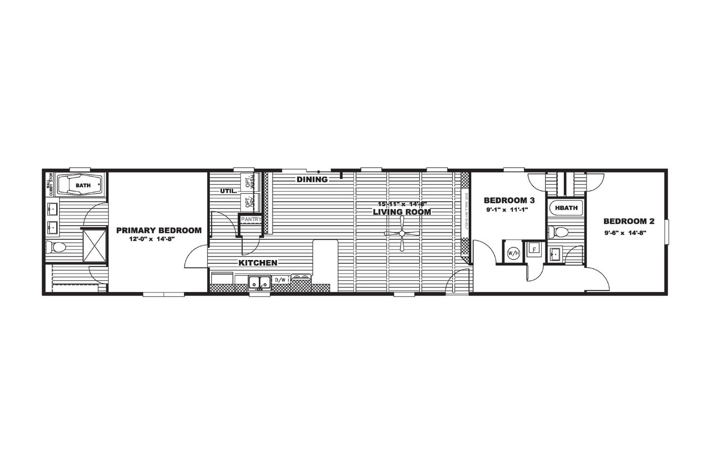 The THE ANNIVERSARY 76 Floor Plan. This Manufactured Mobile Home features 3 bedrooms and 2 baths.