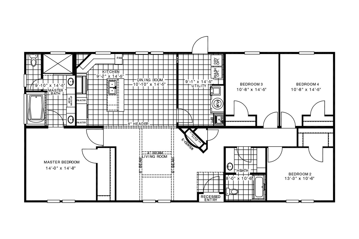 The THE FREEDOM GRAND 4BR 32X62 Floor Plan. This Manufactured Mobile Home features 4 bedrooms and 2 baths.