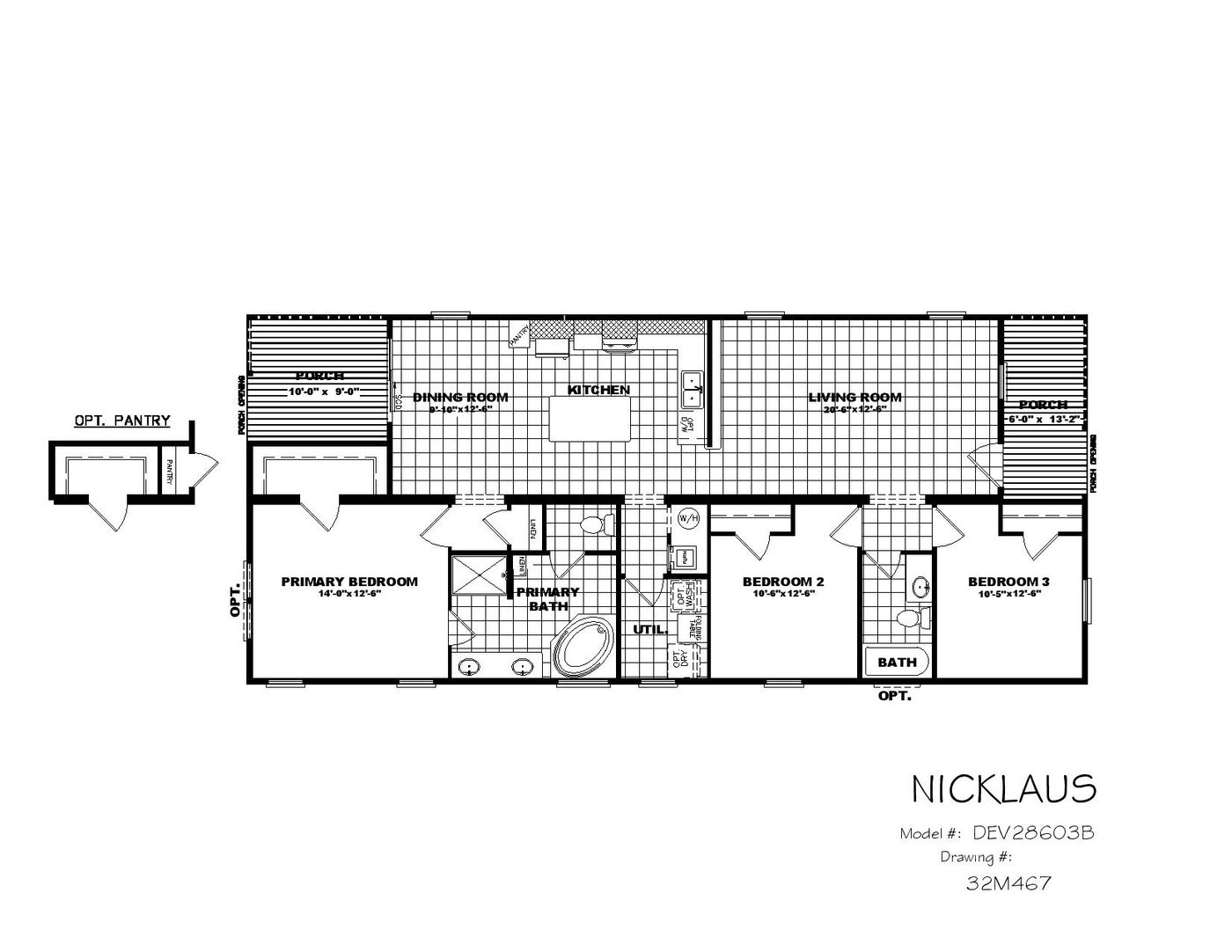The THE NICKLAUS Floor Plan. This Manufactured Mobile Home features 3 bedrooms and 2 baths.