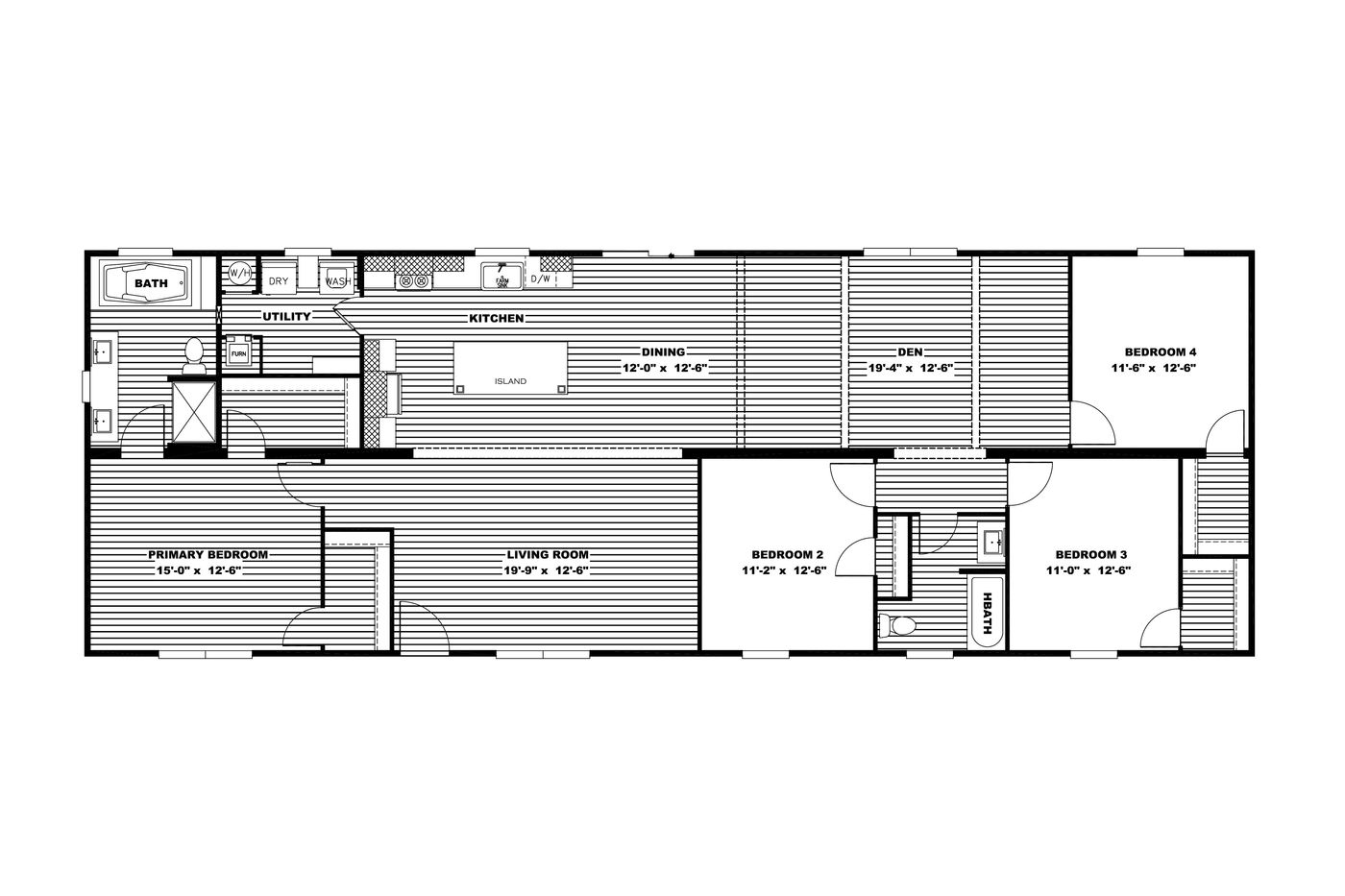 The FARMHOUSE 4 Floor Plan. This Manufactured Mobile Home features 4 bedrooms and 2 baths.