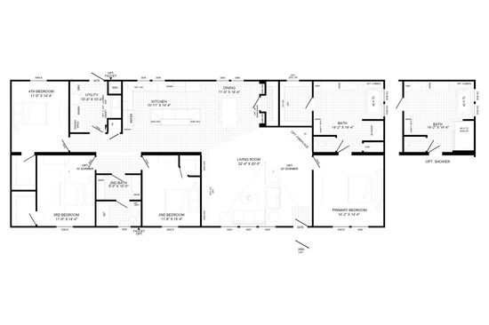 The THE LEAHY Floor Plan. This Manufactured Mobile Home features 4 bedrooms and 2 baths.