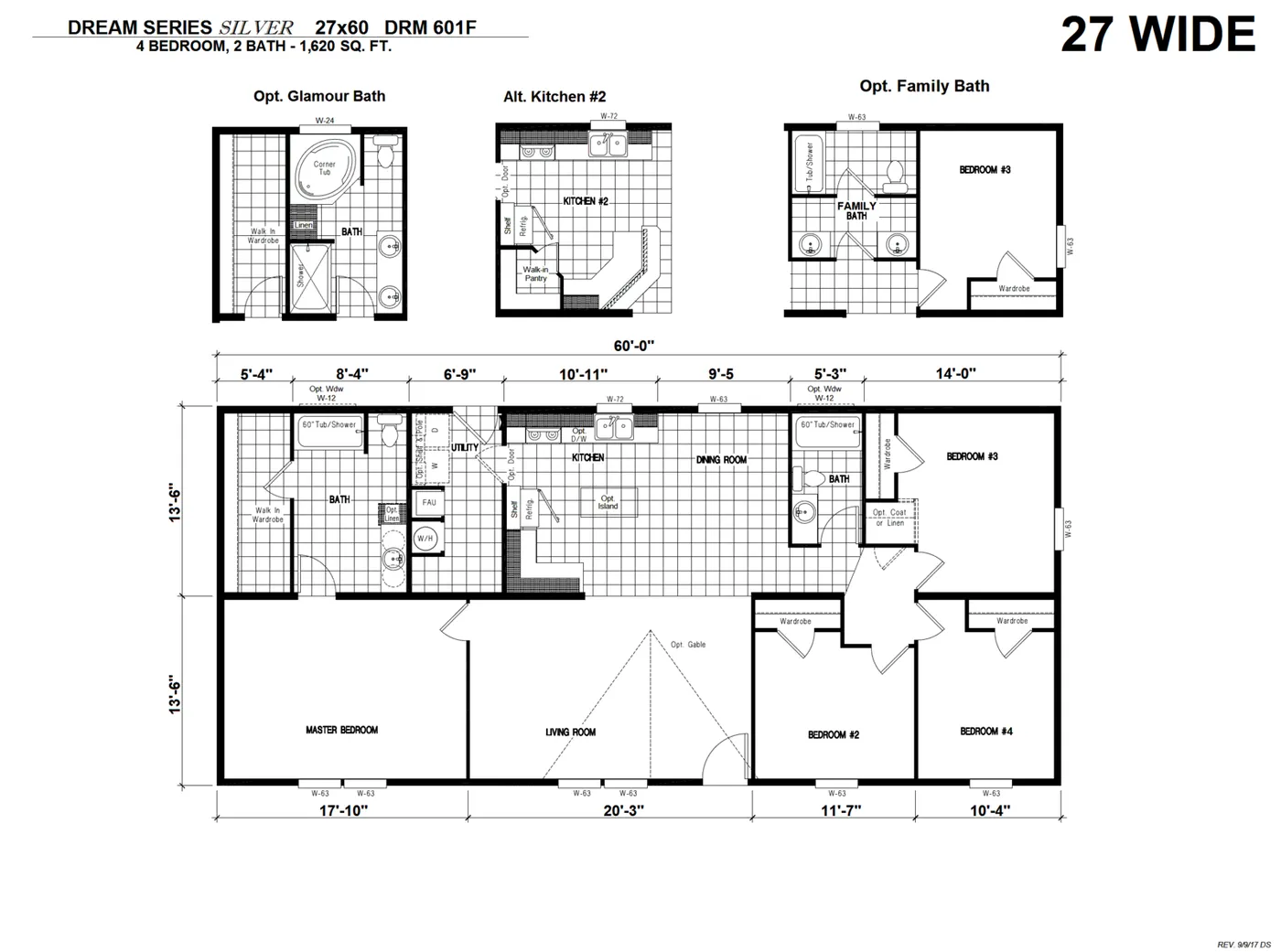 The DRM601F 60' DREAM Floor Plan. This Manufactured Mobile Home features 4 bedrooms and 2 baths.