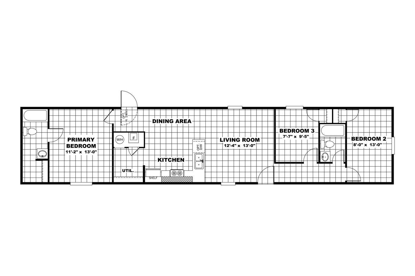 The ELATION Floor Plan. This Manufactured Mobile Home features 3 bedrooms and 2 baths.