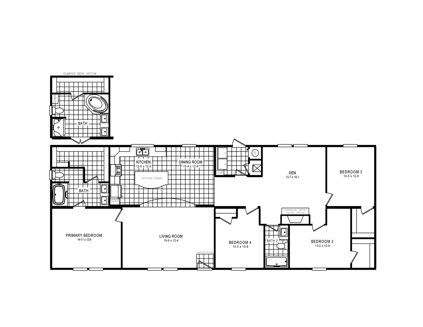 The 5602 ENTERPRISE 2 7028 Floor Plan. This Manufactured Mobile Home features 4 bedrooms and 2 baths.