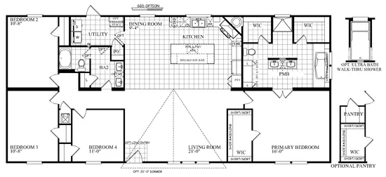 The THE DRAKE Floor Plan. This Manufactured Mobile Home features 4 bedrooms and 2 baths.