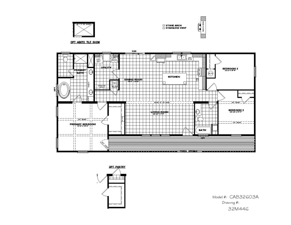 The THE CABIN Floor Plan. This Manufactured Mobile Home features 3 bedrooms and 2 baths.