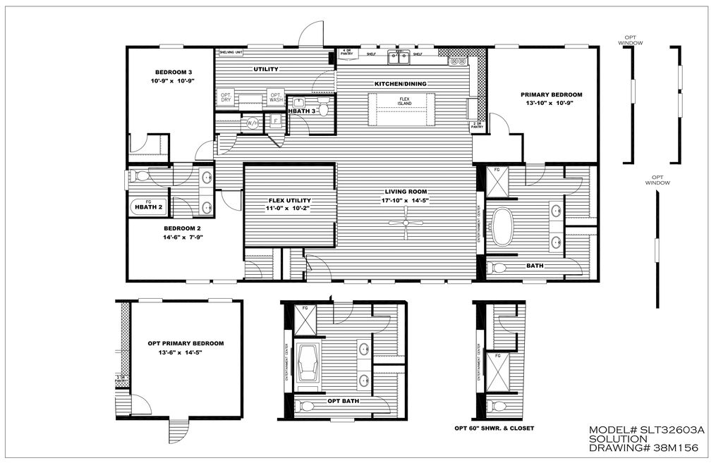 The FARMHOUSE FLEX Floor Plan. This Manufactured Mobile Home features 3 bedrooms and 2.5 baths.
