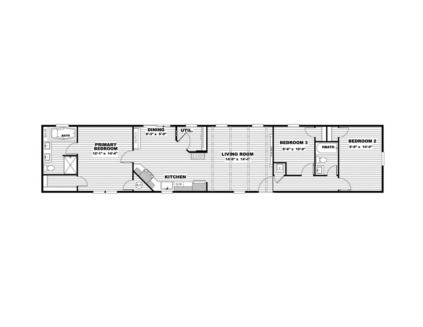 The THE ANNIVERSARY FARMHOUSE Floor Plan. This Manufactured Mobile Home features 3 bedrooms and 2 baths.
