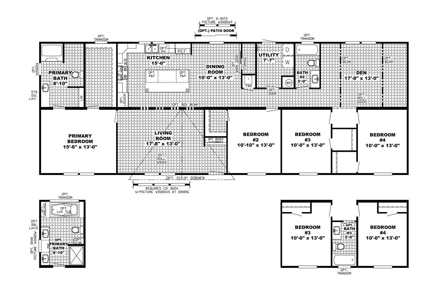 The THE CREEKWOOD Floor Plan. This Manufactured Mobile Home features 4 bedrooms and 2 baths.